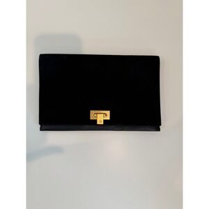 Tory Burch Carmen Suede Leather Clutch In Black, Gold Hardware
